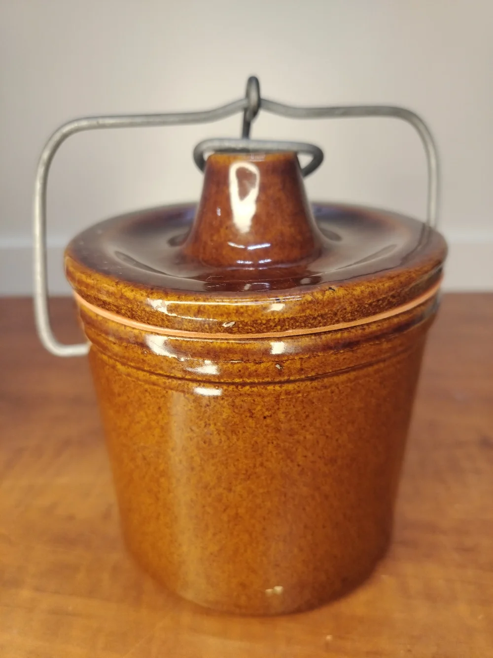 Vintage Brown Glazed Stoneware Cheese Crocks w/ Wire Bail Locking Lids & Gaskets